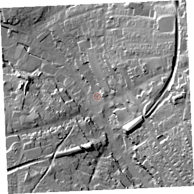 Shaded relief map of the ground around TR152BE, computed from Environment Agency LiDAR. The ground here sits at about 97 m above sea level and falls 52 m across the surrounding 800 m. Surface water reaching this point runs off ground lying to the east-north-east, 31.6 m higher.
