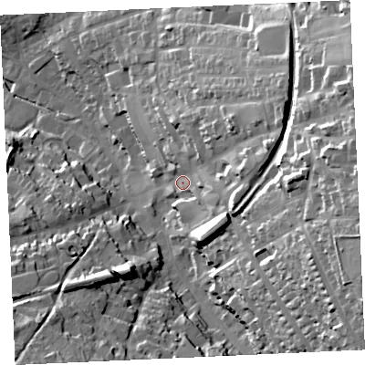 Shaded relief map of the ground around TR152BL, computed from Environment Agency LiDAR. The ground here sits at about 106 m above sea level and falls 59 m across the surrounding 800 m. Surface water reaching this point runs off ground lying to the east-north-east, 24.5 m higher.