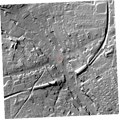 Shaded relief map of the ground around TR152BP, computed from Environment Agency LiDAR. The ground here sits at about 98 m above sea level and falls 52 m across the surrounding 800 m. Surface water reaching this point runs off ground lying to the east-south-east, 40.4 m higher.