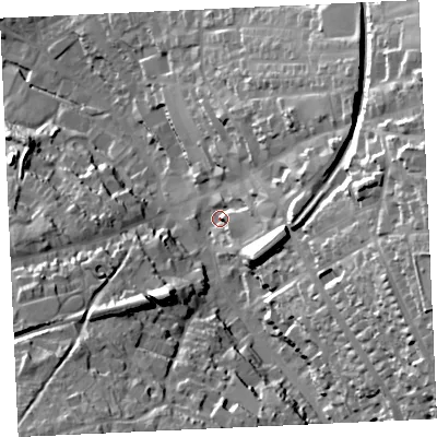 Shaded relief map of the ground around TR152BT, computed from Environment Agency LiDAR. The ground here sits at about 100 m above sea level and falls 57 m across the surrounding 800 m. Surface water reaching this point runs off ground lying to the east, 44.6 m higher.