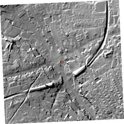 Shaded relief map of the ground around TR152BU, computed from Environment Agency LiDAR. The ground here sits at about 99 m above sea level and falls 55 m across the surrounding 800 m. Surface water reaching this point runs off ground lying to the east-north-east, 42.8 m higher.