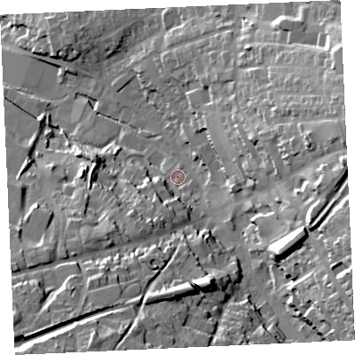 Shaded relief map of the ground around TR152BY, computed from Environment Agency LiDAR. The ground here sits at about 94 m above sea level and falls 48 m across the surrounding 800 m. Surface water reaching this point runs off ground lying to the south-south-west, 11.7 m higher.