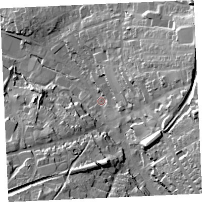 Shaded relief map of the ground around TR152DB, computed from Environment Agency LiDAR. The ground here sits at about 94 m above sea level and falls 51 m across the surrounding 800 m. Surface water reaching this point runs off ground lying to the east, 43.1 m higher.