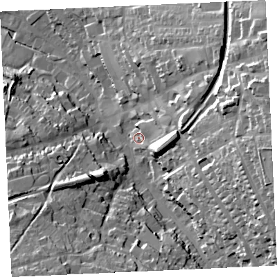 Shaded relief map of the ground around TR152PP, computed from Environment Agency LiDAR. The ground here sits at about 102 m above sea level and falls 57 m across the surrounding 800 m. Surface water reaching this point runs off ground lying to the east, 43.7 m higher.