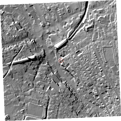 Shaded relief map of the ground around TR152PS, computed from Environment Agency LiDAR. The ground here sits at about 106 m above sea level and falls 60 m across the surrounding 800 m. Surface water reaching this point runs off ground lying to the east-north-east, 44.4 m higher.