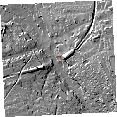 Shaded relief map of the ground around TR152PW, computed from Environment Agency LiDAR. The ground here sits at about 101 m above sea level and falls 57 m across the surrounding 800 m. Surface water reaching this point runs off ground lying to the east, 43.1 m higher.