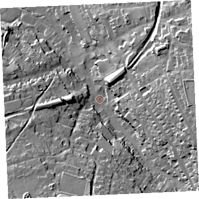Shaded relief map of the ground around TR152QL, computed from Environment Agency LiDAR. The ground here sits at about 102 m above sea level and falls 56 m across the surrounding 800 m. Surface water reaching this point runs off ground lying to the east-north-east, 42.7 m higher.