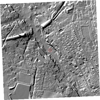 Shaded relief map of the ground around TR152QP, computed from Environment Agency LiDAR. The ground here sits at about 106 m above sea level and falls 60 m across the surrounding 800 m. Surface water reaching this point runs off ground lying to the east, 42.0 m higher.