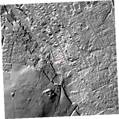Shaded relief map of the ground around TR152QU, computed from Environment Agency LiDAR. The ground here sits at about 126 m above sea level and falls 68 m across the surrounding 800 m. Surface water reaching this point runs off ground lying to the east, 35.6 m higher.
