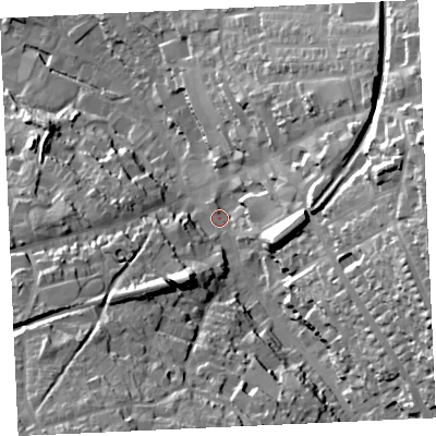 Shaded relief map of the ground around TR152SP, computed from Environment Agency LiDAR. The ground here sits at about 99 m above sea level and falls 55 m across the surrounding 800 m. Surface water reaching this point runs off ground lying to the east, 40.4 m higher.