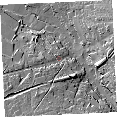 Shaded relief map of the ground around TR152SQ, computed from Environment Agency LiDAR. The ground here sits at about 105 m above sea level and falls 49 m across the surrounding 800 m. Surface water reaching this point runs off ground lying to the south-west, 19.8 m higher.
