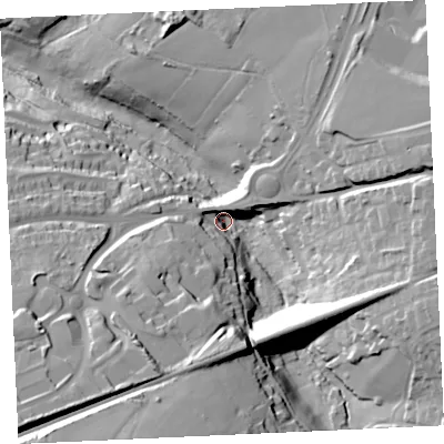 Shaded relief map of the ground around TR153AT, computed from Environment Agency LiDAR. The ground here sits at about 87 m above sea level and falls 55 m across the surrounding 800 m. Surface water reaching this point runs off ground lying to the south-south-west, 34.9 m higher.