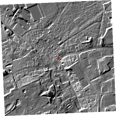 Shaded relief map of the ground around TR153PE, computed from Environment Agency LiDAR. The ground here sits at about 98 m above sea level and falls 34 m across the surrounding 800 m. Surface water reaching this point runs off ground lying to the east-south-east, 17.7 m higher.