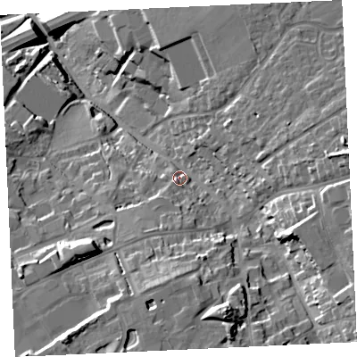 Shaded relief map of the ground around TR153PT, computed from Environment Agency LiDAR. The ground here sits at about 96 m above sea level and falls 35 m across the surrounding 800 m. Surface water reaching this point runs off ground lying to the south-south-east, 20.6 m higher.