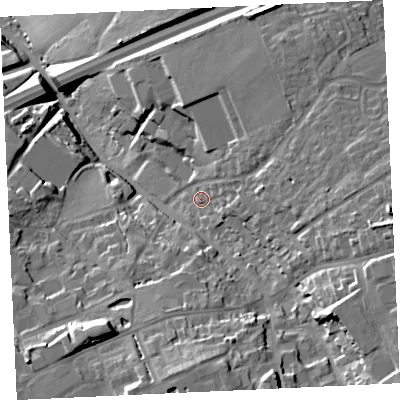 Shaded relief map of the ground around TR153QA, computed from Environment Agency LiDAR. The ground here sits at about 93 m above sea level and falls 35 m across the surrounding 800 m. Surface water reaching this point runs off ground lying to the east, 14.6 m higher.