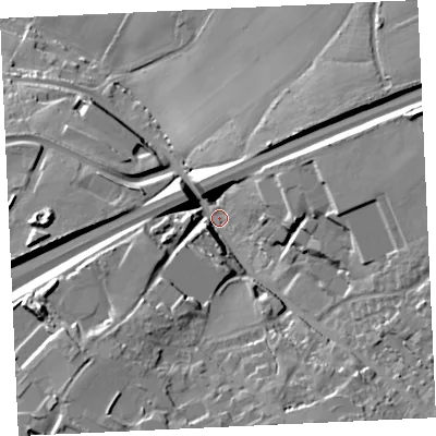 Shaded relief map of the ground around TR153RL, computed from Environment Agency LiDAR. The ground here sits at about 82 m above sea level and falls 33 m across the surrounding 800 m. Surface water reaching this point runs off ground lying to the east-south-east, 20.5 m higher.