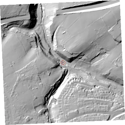 Shaded relief map of the ground around TR153SQ, computed from Environment Agency LiDAR. The ground here sits at about 70 m above sea level and falls 52 m across the surrounding 800 m. Surface water reaching this point runs off ground lying to the south-west, 43.4 m higher.