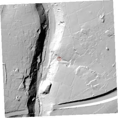 Shaded relief map of the ground around TR153TD, computed from Environment Agency LiDAR. The ground here sits at about 69 m above sea level and falls 61 m across the surrounding 800 m. Surface water reaching this point runs off ground lying to the east-south-east, 38.9 m higher.
