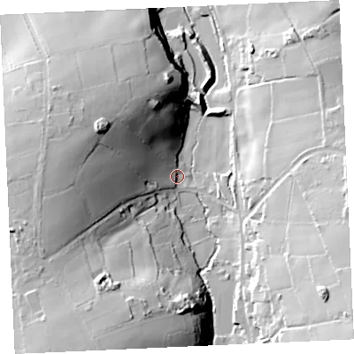 Shaded relief map of the ground around TR164HJ, computed from Environment Agency LiDAR. The ground here sits at about 49 m above sea level and falls 47 m across the surrounding 800 m. Surface water reaching this point runs off ground lying to the west-north-west, 35.0 m higher.