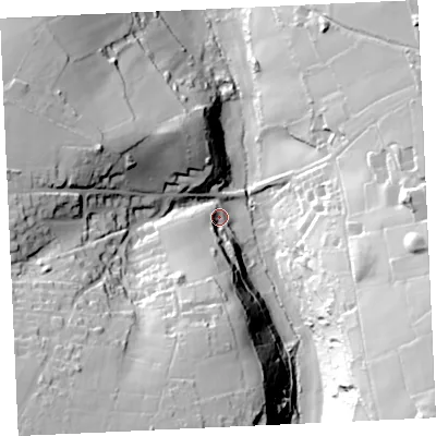 Shaded relief map of the ground around TR164JG, computed from Environment Agency LiDAR. The ground here sits at about 49 m above sea level and falls 59 m across the surrounding 800 m. Surface water reaching this point runs off ground lying to the south-south-west, 45.8 m higher.