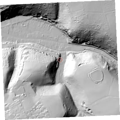 Shaded relief map of the ground around TR164JP, computed from Environment Agency LiDAR. The ground here sits at about 13 m above sea level and falls 84 m across the surrounding 800 m. Surface water reaching this point runs off ground lying to the west-south-west, 28.3 m higher.