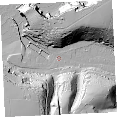 Shaded relief map of the ground around TR164LA, computed from Environment Agency LiDAR. The ground here sits at about 6 m above sea level and falls 83 m across the surrounding 800 m. Surface water reaching this point runs off ground lying to the north-east, 72.9 m higher.