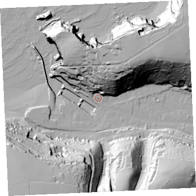 Shaded relief map of the ground around TR164LE, computed from Environment Agency LiDAR. The ground here sits at about 7 m above sea level and falls 82 m across the surrounding 800 m. Surface water reaching this point runs off ground lying to the north-east, 68.5 m higher.