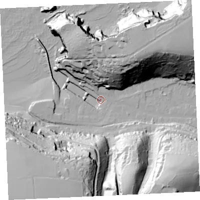 Shaded relief map of the ground around TR164LG, computed from Environment Agency LiDAR. The ground here sits at about 5 m above sea level and falls 82 m across the surrounding 800 m. Surface water reaching this point runs off ground lying to the north-east, 77.7 m higher.