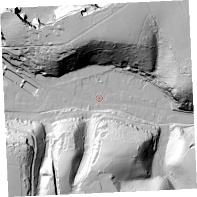 Shaded relief map of the ground around TR164LP, computed from Environment Agency LiDAR. The ground here sits at about 6 m above sea level and falls 87 m across the surrounding 800 m. Surface water reaching this point runs off ground lying to the east-north-east, 69.2 m higher.