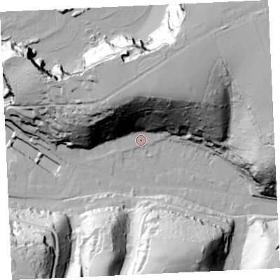 Shaded relief map of the ground around TR164NE, computed from Environment Agency LiDAR. The ground here sits at about 7 m above sea level and falls 88 m across the surrounding 800 m. Surface water reaching this point runs off ground lying to the north-north-east, 71.5 m higher.