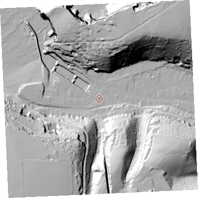 Shaded relief map of the ground around TR164NH, computed from Environment Agency LiDAR. The ground here sits at about 6 m above sea level and falls 84 m across the surrounding 800 m. Surface water reaching this point runs off ground lying to the south-east, 34.8 m higher.