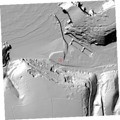 Shaded relief map of the ground around TR164NN, computed from Environment Agency LiDAR. The ground here sits at about 9 m above sea level and falls 84 m across the surrounding 800 m. Surface water reaching this point runs off ground lying to the north-east, 1.6 m higher.