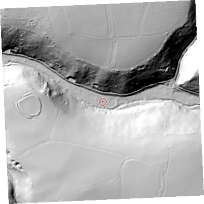 Shaded relief map of the ground around TR164QA, computed from Environment Agency LiDAR. The ground here sits at about 12 m above sea level and falls 80 m across the surrounding 800 m. Surface water reaching this point runs off ground lying to the north-north-east, 75.5 m higher.