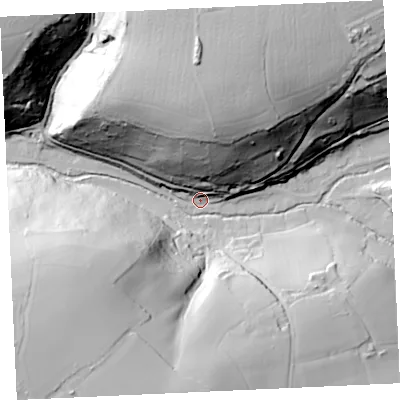 Shaded relief map of the ground around TR164QE, computed from Environment Agency LiDAR. The ground here sits at about 19 m above sea level and falls 70 m across the surrounding 800 m. Surface water reaching this point runs off ground lying to the north, 63.0 m higher.