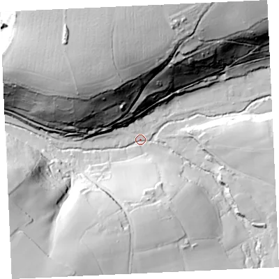 Shaded relief map of the ground around TR164QG, computed from Environment Agency LiDAR. The ground here sits at about 19 m above sea level and falls 68 m across the surrounding 800 m. Surface water reaching this point runs off ground lying to the north, 64.7 m higher.