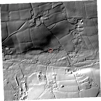 Shaded relief map of the ground around TR166AU, computed from Environment Agency LiDAR. The ground here sits at about 74 m above sea level and falls 55 m across the surrounding 800 m. Surface water reaching this point runs off ground lying to the north-west, 28.1 m higher.