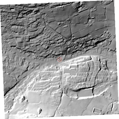 Shaded relief map of the ground around TR166HH, computed from Environment Agency LiDAR. The ground here sits at about 108 m above sea level and falls 77 m across the surrounding 800 m. Surface water reaching this point runs off ground lying to the north-west, 59.8 m higher.