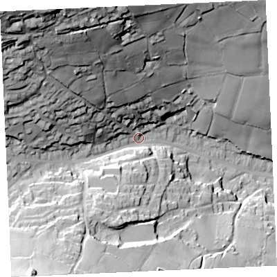 Shaded relief map of the ground around TR166HJ, computed from Environment Agency LiDAR. The ground here sits at about 100 m above sea level and falls 85 m across the surrounding 800 m. Surface water reaching this point runs off ground lying to the north-west, 70.4 m higher.