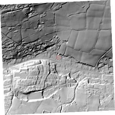 Shaded relief map of the ground around TR166HP, computed from Environment Agency LiDAR. The ground here sits at about 93 m above sea level and falls 81 m across the surrounding 800 m. Surface water reaching this point runs off ground lying to the north-west, 68.4 m higher.