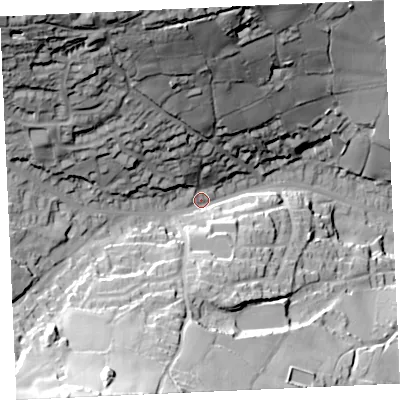 Shaded relief map of the ground around TR166HQ, computed from Environment Agency LiDAR. The ground here sits at about 106 m above sea level and falls 79 m across the surrounding 800 m. Surface water reaching this point runs off ground lying to the north-west, 63.1 m higher.