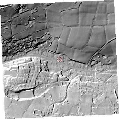 Shaded relief map of the ground around TR166HS, computed from Environment Agency LiDAR. The ground here sits at about 90 m above sea level and falls 76 m across the surrounding 800 m. Surface water reaching this point runs off ground lying to the north-west, 64.2 m higher.
