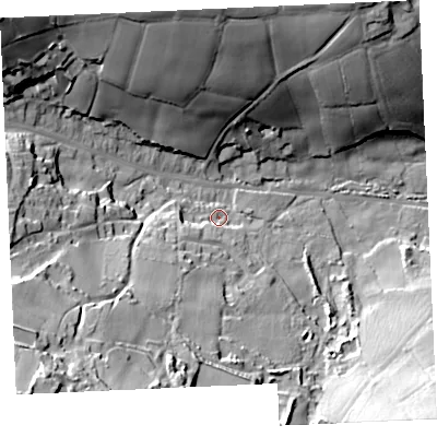 Shaded relief map of the ground around TR166HZ, computed from Environment Agency LiDAR. The ground here sits at about 85 m above sea level and falls 63 m across the surrounding 800 m. Surface water reaching this point runs off ground lying to the west-south-west, 9.0 m higher.