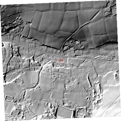 Shaded relief map of the ground around TR166JD, computed from Environment Agency LiDAR. The ground here sits at about 84 m above sea level and falls 70 m across the surrounding 800 m. Surface water reaching this point runs off ground lying to the south-west, 59.7 m higher.