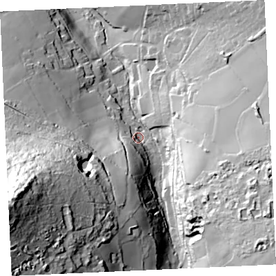 Shaded relief map of the ground around TR166JP, computed from Environment Agency LiDAR. The ground here sits at about 108 m above sea level and falls 114 m across the surrounding 800 m. Surface water reaching this point runs off ground lying to the south-south-west, 24.8 m higher.