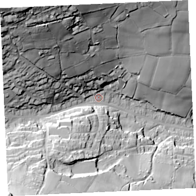 Shaded relief map of the ground around TR166LD, computed from Environment Agency LiDAR. The ground here sits at about 97 m above sea level and falls 85 m across the surrounding 800 m. Surface water reaching this point runs off ground lying to the north-west, 71.5 m higher.