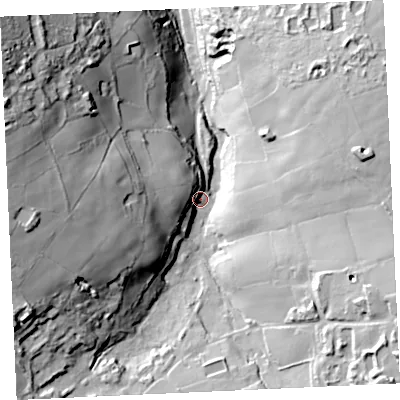 Shaded relief map of the ground around TR166RT, computed from Environment Agency LiDAR. The ground here sits at about 132 m above sea level and falls 70 m across the surrounding 800 m. Surface water reaching this point runs off ground lying to the west, 49.9 m higher.