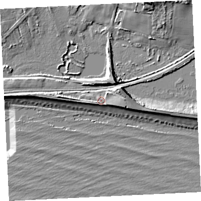 Shaded relief map of the ground around TR170DA, computed from Environment Agency LiDAR. The ground here sits at about 6 m above sea level and falls 13 m across the surrounding 800 m. Surface water reaching this point runs off ground lying to the east-north-east, 4.1 m higher.
