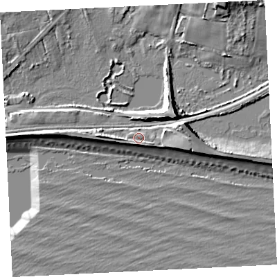 Shaded relief map of the ground around TR170DY, computed from Environment Agency LiDAR. The ground here sits at about 6 m above sea level and falls 13 m across the surrounding 800 m. Surface water reaching this point runs off ground lying to the west, 3.2 m higher.