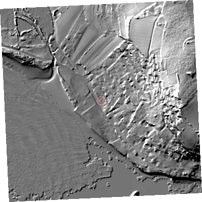 Shaded relief map of the ground around TR170EG, computed from Environment Agency LiDAR. The ground here sits at about 4 m above sea level and falls 60 m across the surrounding 800 m. Surface water reaching this point runs off ground lying to the east-north-east, 57.6 m higher.