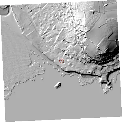 Shaded relief map of the ground around TR170EJ, computed from Environment Agency LiDAR. The ground here sits at about 7 m above sea level and falls 60 m across the surrounding 800 m. Surface water reaching this point runs off ground lying to the north-east, 49.9 m higher.